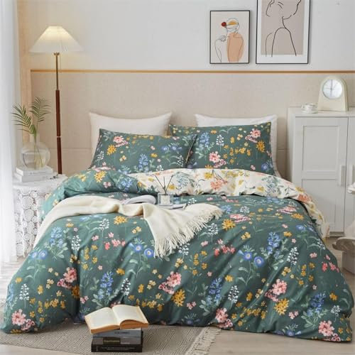 Tospass Blumen Bettwäsche 135x200cm Grün Bunt Floral Set - Pflanzen Blätter Mädchen Bettbezug Mikrofaser Wende - 1 Deckenbezug Mit Reißverschluss, 1 Kissenbezug 80x80cm