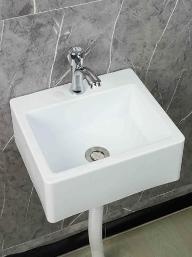 XRB2050 Lavandino a Muro in Resina, 33.5x29x13cm/13x11.4x5inch Moderno Lavandino Bagno Quadrata Sospeso Salvaspazio per Piccolo Guardaroba Bagno Wc Degli Ospiti B Rubinetto dell'acqua Fredda Singolo