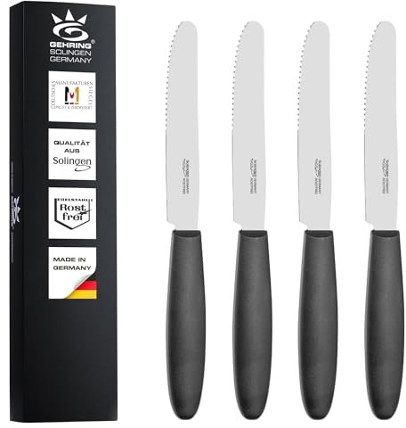 GEHRING Solingen Big Frühstücksmesser 4 Stück I Brotzeitmesser mit Wellenschliff I rostfreier Edelstahl I eisgehärtete und scharfe Brötchenmesser I Solinger Messer Made in Germany
