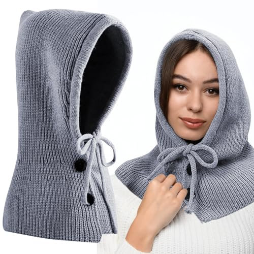 Alovez Winter Mützenschal Damen, Sturmhaube Winter Damen 2 in 1 Schal mit Kapuze, Multifunktionale Kapuzenschal Balaclava Strickmütze, Sturmhaube Warme Wintermützen für Outdoor Sportarten