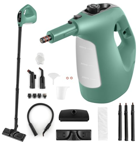 COSTWAY Limpiador a Vapor Portátil, Limpiador a Vapor Presurizado de 1500W con Vapor Continuo, Tanque de Agua de 400 ML, Bloqueo Infantil y Kit de Accesorios de 13Piezas (verde)