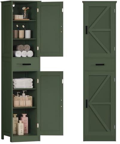 TEENFON Tall Bathroom Cabinet, Storage Cabinet with 6 Shelves & Drawer, Bathroom Storage Cabinet with Adjustable Shelves, Tall Cabinet for Living Room, Home Office, Green