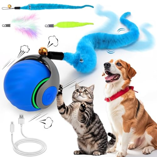 Interaktives Katzenball Spielzeug, Elektrisch Katzenspielzeug Ball interaktives Spielzeug mit Schwanz für Katzen Katzenspielzeug Selbstbeschäftigung,Über USB Wiederaufladbares(Short Tail) blau