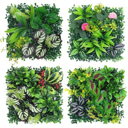 AQCQDQ Pflanzenwand Outdoor, 4 Stück Kunstpflanzen Wand, 25 x 25 cm Künstliche Pflanzen Deko für Wand, Balkon & Garten (Hybrid 02)