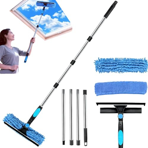 Qivine Limpiacristales con Mango Extensible(160cm), Limpiacristales Telescopico con Escobilla de Silicona & Paños de Microfibra, Limpiador Cristales por Fuera, Azulejosm, Coche (4 Palo)