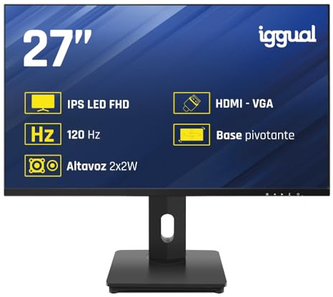 iggual- Monitor Giratorio 27 Pantalla IPS LED Pivotante - Resolución Full HD 100 Hz. - Formato 16:9, Ajustable en Altura. Rotación 45º / Giro 90 º e Inclinación 15ª a +20º (61,4x36,3x4,8 cm) ML27FA