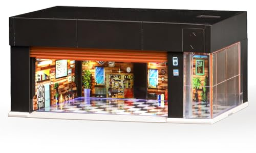 MOCBURIKU 1/64 Garage für Hot Wheels, Die-cast Auto Aufbewahrung mit LED | Stapelbar Elektrisch Parkhaus Vitrine für Modellautos mit Sprachsteuerung Touch-Steuerung, 3 Austauschbare Szenen, Braun