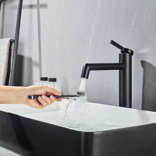 Wasserhahn Bad Schwarz Hoch Waschtischarmatur mit 2 Wassermodi | LakeBayMZC Waschtischarmaturen mit Auslaufhöhe 203 mm Messing für Waschbecken Waschtisch im Badezimmer und Gäste-WC
