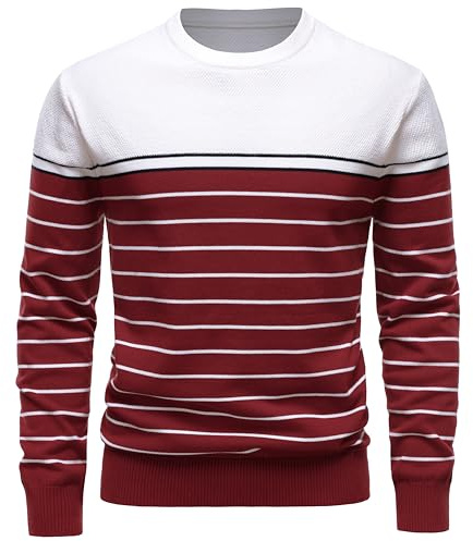 UUAISSO Maglione da Uomo Girocollo a Righe Coordinato con i Colori Felpe Pullover Lavorato a Maglia per Casual Blanc + Bordeaux M