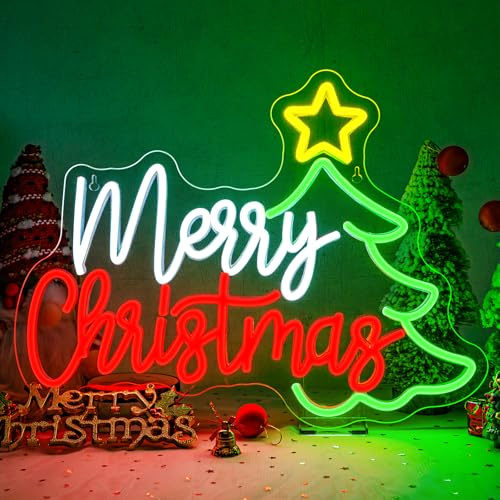 ineonlife Merry Christmas Neon Led,Feliz Navidad Luces Neon, Árbol de Navidad Letrero Led para Pared,Letrero Luminoso Regulables para Hogar,Sala de Estar,Año Nuevo,Fiestas Navideñas,Vacaciones,Regalo