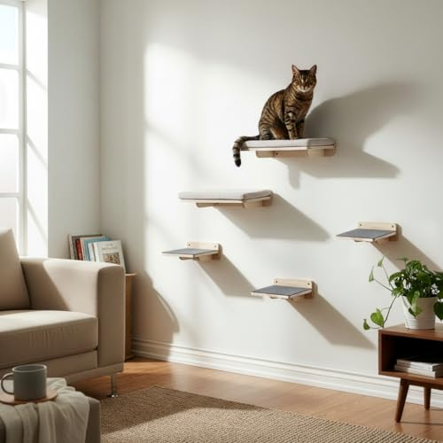 WOOWOOD® Katzen Kletterwand Set 5-teilig, Naturholz, mit Katzentreppen Wand | Naturholz, frei positionierbar, erweiterbar, verschiedene Playgrounds, fördert natürliches Kletter- und Sprungverhalten