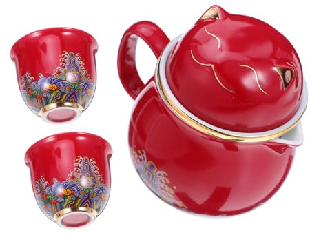 Baluue Portable Porcelain Gongfu Tea with Gold Accents Teapot and Ceramic Cups Lightweight Chinese Cat Design Kung Fu Teapot for Travel Office and Relaxation