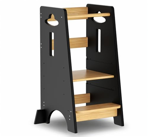 COSYLAND Torre de Aprendizaje para Niños - Torre de Aprendizaje de Madera para Bebés de 1 a 6 Años - Altura Ajustable en 3 Niveles - 80CM - Negro Clásico y Natural