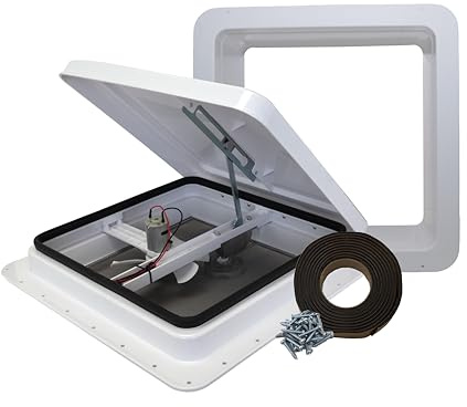 classAcustoms 81112-4GPS | 14 RV Roof Vent | 4 Garnish Ring | 12 Volt Powered Fan | White Lid | Manual Crank | for RV's | Cargo Trailer | Camper and Motorhome (4 Garnish Ring, Butyl & Screws)