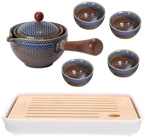 PAMINGONO Juego de Té de Cerámica Portátil para Viaje, Kit de Tetera Giratoria 1 Tetera y 4 Tazas en Color Azul Esmaltado, Juego Práctico para Preparar y Servir Té en Exteriores y Hogar
