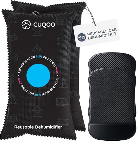 CUQOO Car Dehumidifier Bag – Reusable Moisture Absorber for Car Interior with Anti-Slip Mat – Microwave Reactivated Dehumidifier Bags for Condensation, Damp & Fog (2 Pack)