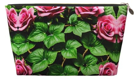 Trousse de toilette de voyage en cuir doré – Réutilisable – Motif floral rose lierre avec feuilles printanières – Sac de rangement souple portable, doré, Taille unique
