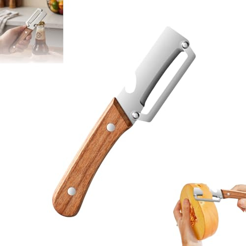 Multifunctional Vegetable Peeler with Wooden Handle - Stainless Steel Julienne Potato Slicer and Bottle Opener for Kitchen Prep, Easy Fruit Skin Remover Tool (Brown)