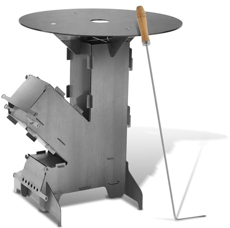 Forno a razzo con piastra grande 5 mm, Rocket Stove con gancio a fuoco, sistema a incastro in acciaio massiccio spesso 3 mm, 2 piedini aggiuntivi, stufa a legna per campeggio, barbecue, forno olandese