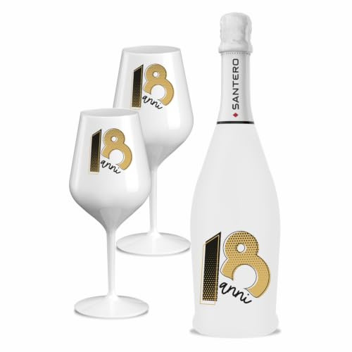 BRANDGIFT.IT Bottiglia Personalizzata Compleanno 18 Anni Santero 958 Spumante Extra Dry + Due Calici Personalizzati Compleanno 18 anni Con Pack in Cartone