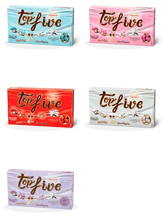 Crispo Top Five Confetti 1kg Mix Gusti Assortiti (Cioccolato, Mandorla, Nocciola) – Colori Azzurri Rosa Rossi Bianchi Lilla – Confettata Matrimonio e Bomboniere