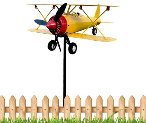Flugzeug Wetterfahne aus Metall – Vintage Doppeldecker Windspiel für den Garten | Wetterfester Gartenstecker & Windrad | Retro Flugzeugmodell Dekoration für Terrasse, Rasen & Hof – Höhe 96 cm