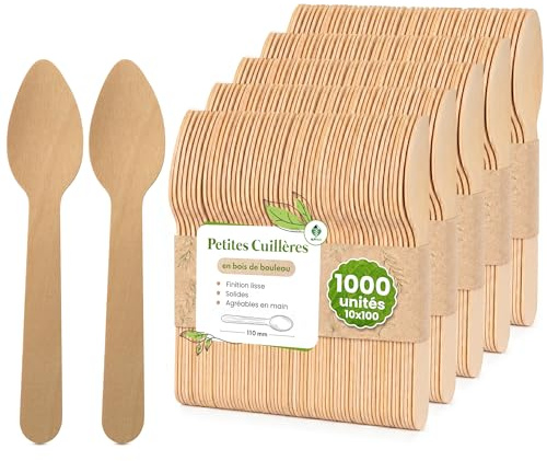 ALPPACK Petites Cuillères Jetables en Bois de Bouleau 11 cm – Lot de 1000, Cuillères à Café, Dessert et Glace Naturelles, Couverts Jetables pour Traiteur, Buffet, Mariage, Réception et Dégustation