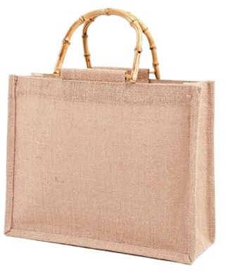VOPLIVAT Borsa tote in juta, Borsa tote for la spesa in tela di iuta beige, dimensioni multiple, manico in bambù