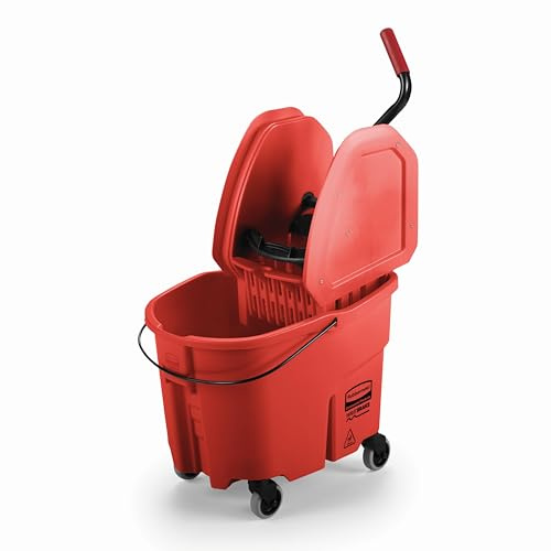 Rubbermaid Commercial Products WaveBrake 2.0 35 QT Down-Press Mop Bucket with Wringer Set, Red, Heavy Duty Mopping/Cleaning for Professional/Janitorial Use