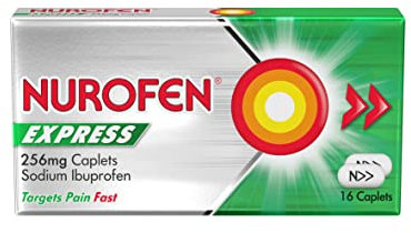 Nurofen Express Sodium Ibuprofen Caplets 256mg, 16 Count - Fast-Acting Relief for Period Pain, Headaches, Migraines, Cold & Flu Symptoms