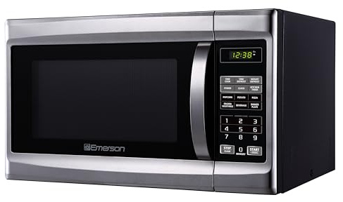 Emerson MW1338SB Countertop Microwave Oven, 6 Pre-Programmed Settings, Removable Glass Turntable, Child Safety Lock, 1.3 Cu ft, 1000W, Stainless Steel