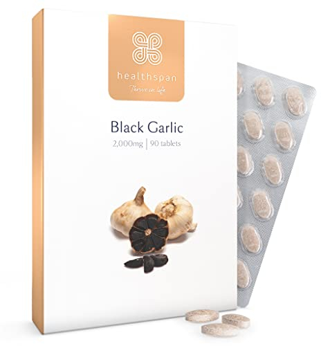 Healthspan Schwarzer Knoblauch 2.000 mg | Zusätzliches Vitamin B1 | Reich an Aminosäuren | Geruchskontrollierte Tabletten | Vegan | 90 Tabletten