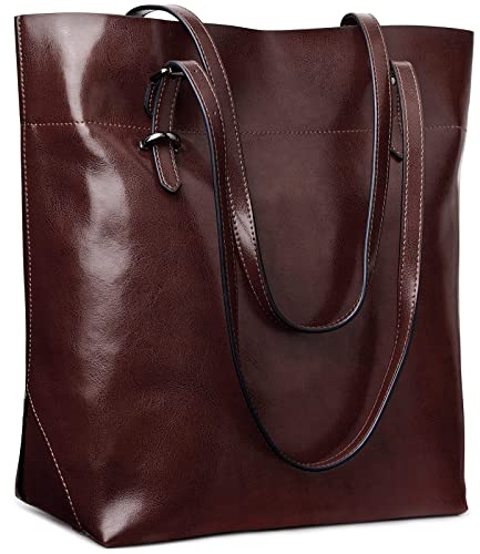 S-ZONE Damen Echtleder Tasche Shopper Groß Tote Handtasche Henkeltasche (Kaffee)