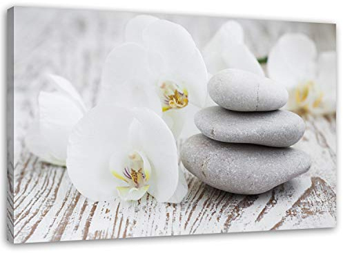 Feeby Bilder Zen Orchidee 80x60 cm 1 Teilig Wohnzimmer Schlafzimmer Büro Flur Küche Wandbilder Leinwandbilder Modern Bild auf Leinwand Wanddekoration Kunstdruck Design Weiß Grau