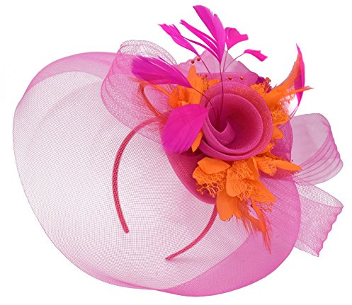 Fuchsia het rosa fjäder blomma fascinator hatt slöja nät pannband klämma Ascot Derby raser bröllop, Fuchsia het rosa och orange, en storlek