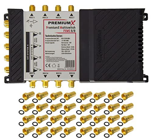 Premium X Multischalter Set 9-8 Multiswitch 32x F-Stecker, Signalverteiler 2 SAT für 8 Anschlüsse