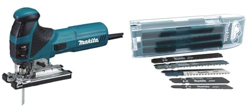 Makita 4351FCTJ Scie Sauteuse à Pendule 135 mm, avec LED, 720W Noir/Vert/Argent & B-44410 Assortiment/Lames de Scie Sauteuse, Gris