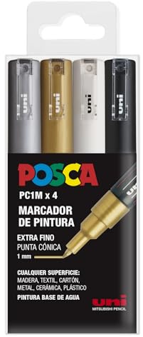 POSCA UNI Posca Set PC 1M - 4 Stifte, Feine Spitze, Mattes Finish, Nachfüllbar, Hohe Deckkraft, Silber, Gold, Weiß, Schwarz