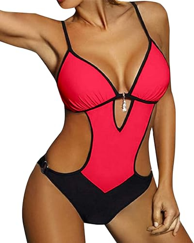JFAN Costumi da Bagno Interi Donna Trikini Costume da Mare Spiaggia Piscina Sexy Costume da Bagno Intero Donna con Push-up Imbottitura, L -Rosa Rossa