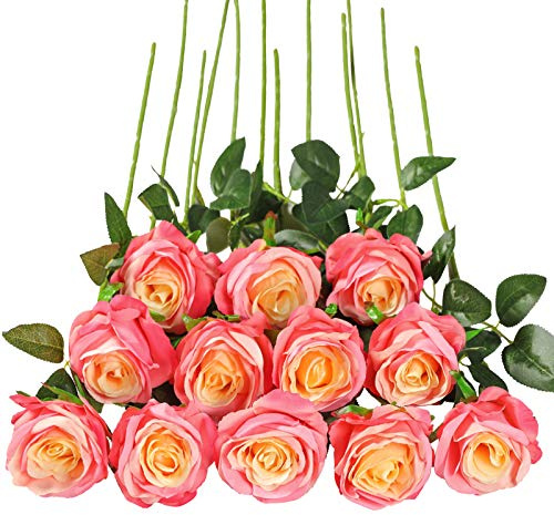 Tifuly 12 PCS Künstliche Rosen, 19,68 '' Single Long Stem Fake Rose Seide Braut Hochzeitsstrauß Realistische Blume für Hausgarten Party Hotel Büro Dekor (Blossom Roses, Rosa)