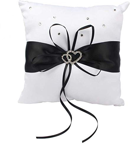 Romantique Mariage Anneau Oreiller, 20x20cm Satin Bague Coussin Oreiller Bowknot W/Rhinestones Ruban Double Cœur Canapé Mariée Brigegroom Décoration Fête Accessoires Cadeau Fournitures - Noir