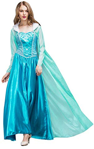 IWEMEK Damen Eiskönigin ELSA Kostüm Schneekönigin Prinzessin Kleid mit Umhang Erwachsene Halloween Karneval Fasching Kostüm Lange Tüll Ballkeid Märchen Verkleidung Cosplay Festlich Party Outfits L