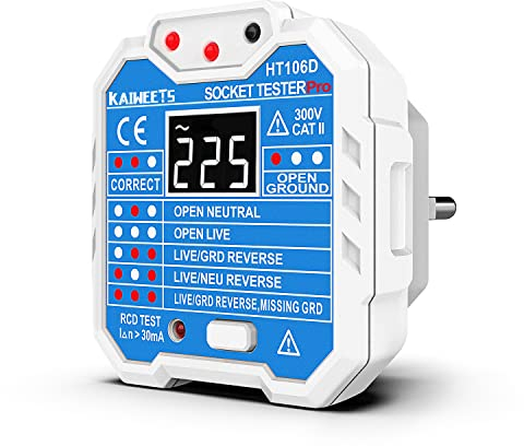 KAIWEETS Testeur de Prise, Testeur de Circuit Electrique, Détectez 7 Conditions de câblage/Affichage de la Tension/Test RCD/48-250V/CAT II 300V