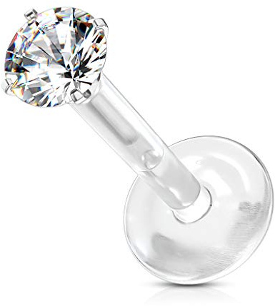 Tata Gisèle Piercing Labret Monroe Acier Chirurgical et Bioflex - Labret Type Push in avec Zircon Rond Serti Quatre Griffes et Base Plate en Bio Flex - (Argenté/Clair, 8)