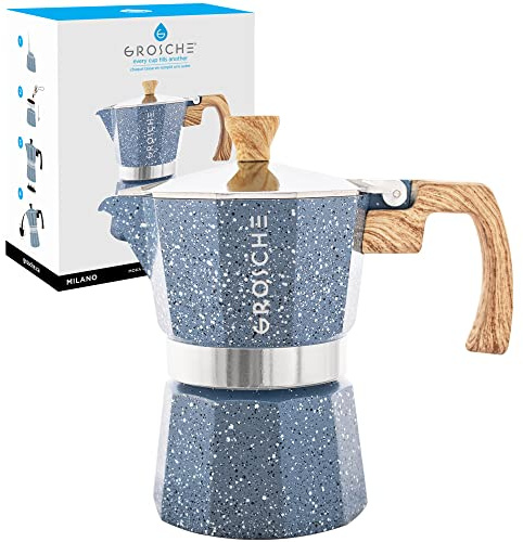 GROSCHE Milano Moka pot, Stovetop Espresso maker, Greca Coffee Maker, Stovetop coffee maker and espresso maker percolator (Indigo, 3 cup)