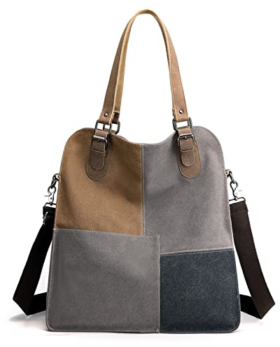 PORRASSO Bolsos de Mujer Retro Bolso Bandolera Bolsos de Hombro de Lona Señoras Grande Hobo Tote para Trabajo Viaje Uso Diario Gris