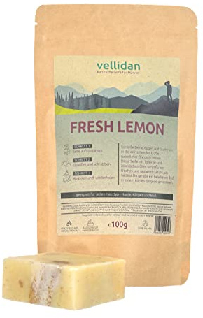 vellidan FRESH LEMON festes Duschgel, bio & vegan für Männer mit Lemongras. Feste Duschpflege, Duschseife, Naturseife, handgemachte Seife ohne Palmöl, 100g