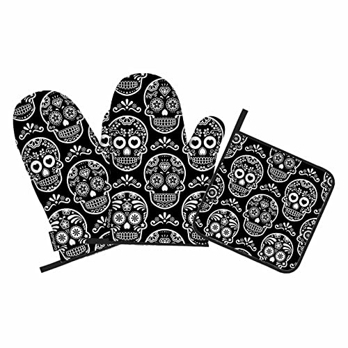 Samgula Juego de manoplas y soportes para ollas, diseño de calavera de azúcar mexicana, diseño floral, resistente al calor, 3 piezas para cocinar, hornear, barbacoa