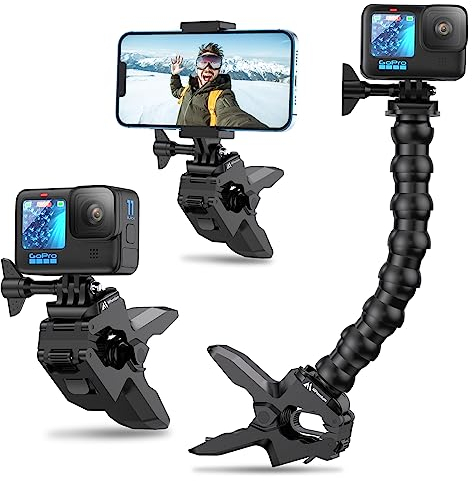 Jaws Flex Clamp Mount with Adjustable Gooseneck for with 4-7'' Smartphone, GoPro Hero 13 12 11, 10, 9, 8, 7, 6, 5, 4, Session 3+, 3, 2, 1 Max, Hero (2018) Fusion, DJI Osmo Cameras