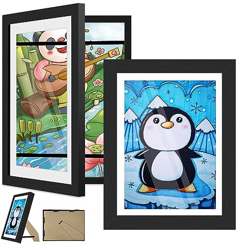 Kids Artwork Display Frame, 2 Pack A4 Kids Art Frames, Fillable Front Opening Picture Frames for Multiple Pictures(50-100), Mount for Hang or Stand Display Children's Drawings, Art Projects, Black